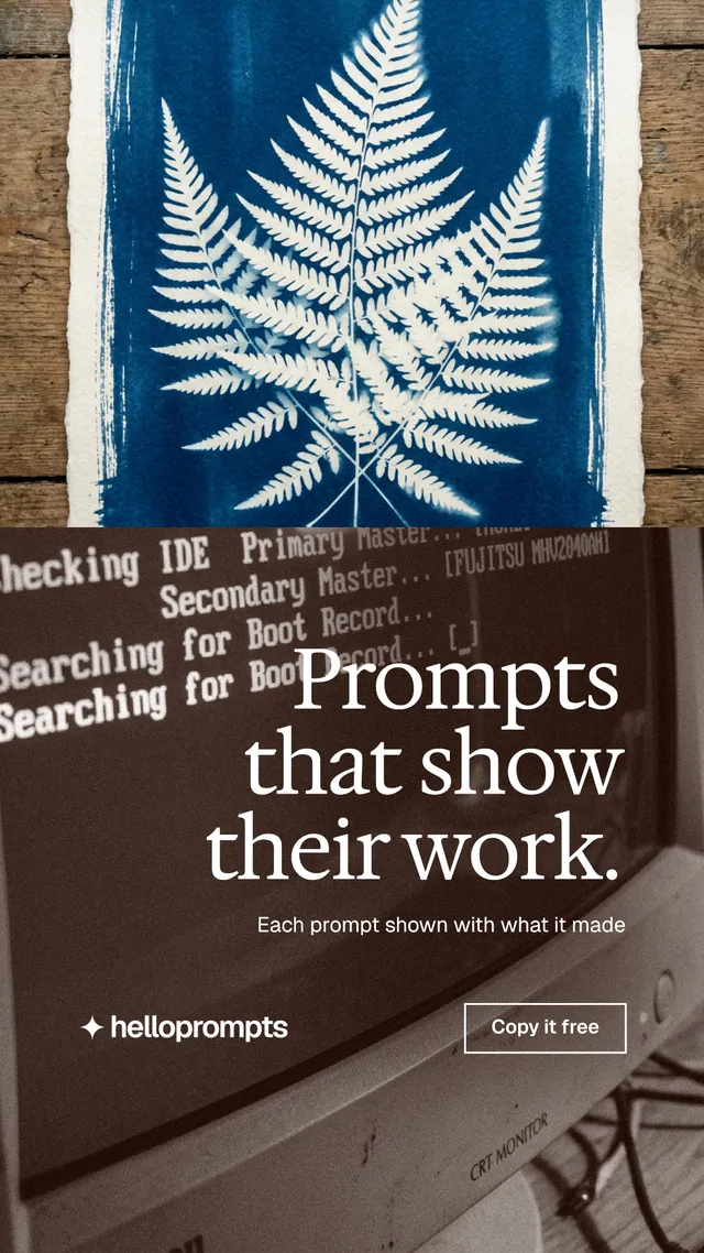 Instagram story for HelloPrompts: "Prompts that show their work." Editorial style, right layout, dark palette in grey, red, blue.