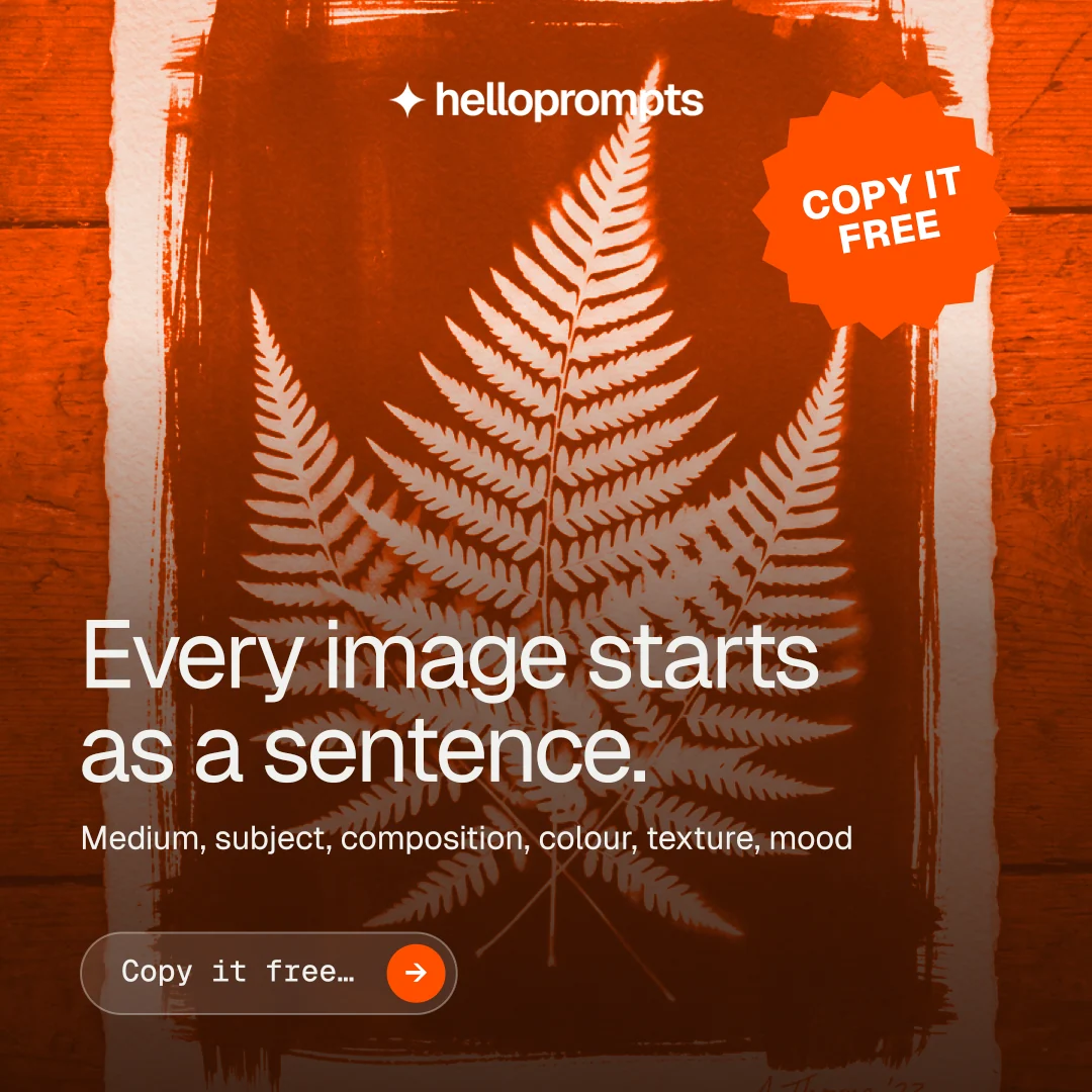 Instagram post for HelloPrompts: "Every image starts as a sentence." Agentic glass style, sticker layout, dark palette in orange, brown.