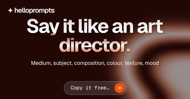 Social ad for HelloPrompts: "Say it like an art director." Agentic glass style, centred layout, dark palette in black, grey, red.