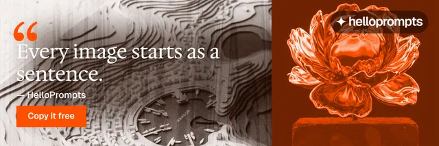 X header for HelloPrompts: "Every image starts as a sentence." Swiss style, quote layout, dark palette in orange, brown, white.