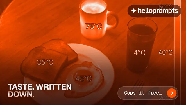 Landscape graphic for HelloPrompts: "Taste, written down." Agentic glass style, image led layout, dark palette in red, orange.