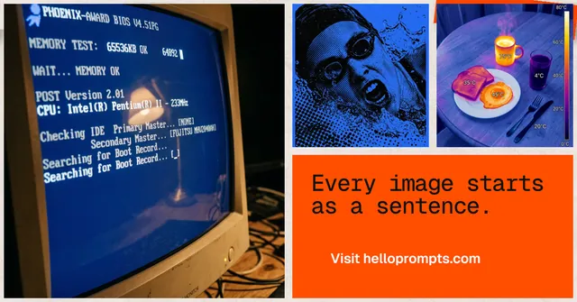 Social ad for HelloPrompts: "Every image starts as a sentence." Swiss style, collage layout, dark palette in blue, red, grey.