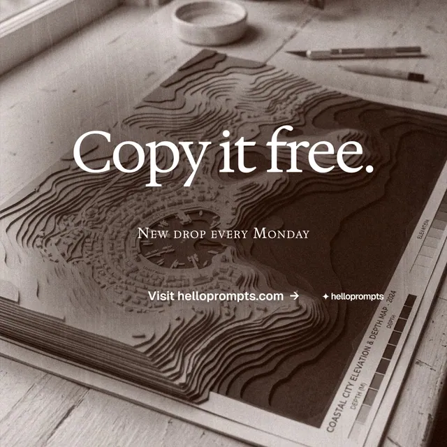 Instagram post for HelloPrompts: "Copy it free." Swiss style, smallcaps layout, dark palette in grey, orange.