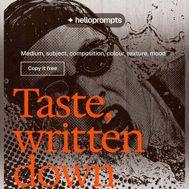 Instagram post for HelloPrompts: "The art of speaking to machines." Editorial style, oversized layout, dark palette in black, brown, orange.