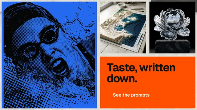 Landscape graphic for HelloPrompts: "Taste, written down." Swiss style, collage layout, dark palette in black, blue, red.