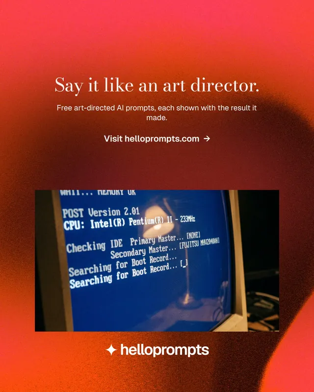 Instagram portrait post for HelloPrompts: "Say it like an art director." Minimal luxury style, centred layout, dark palette in red, purple.