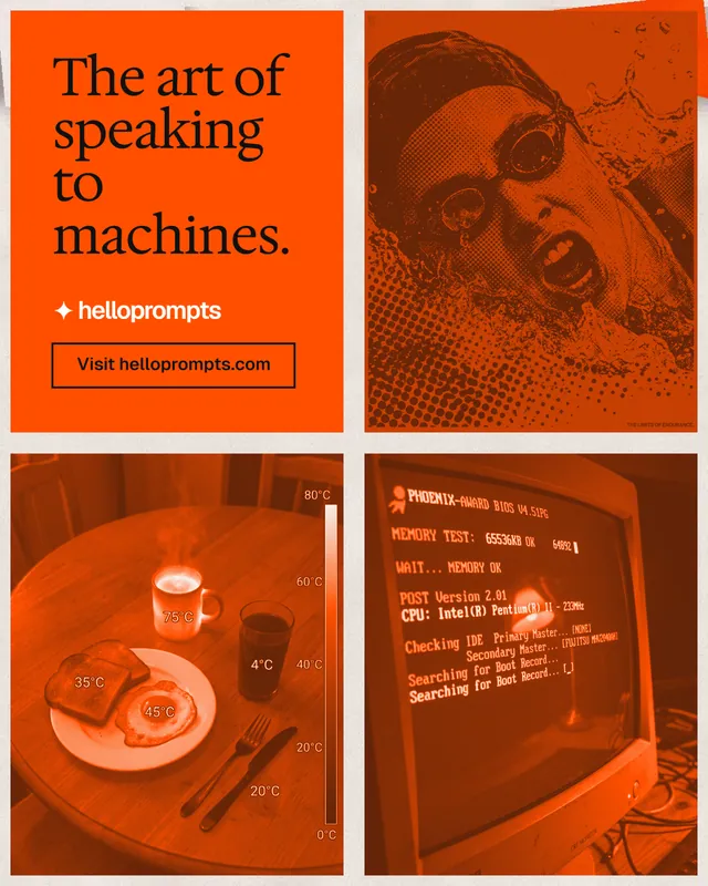 Instagram portrait post for HelloPrompts: "The art of speaking to machines." Editorial style, collage layout, dark palette in orange.