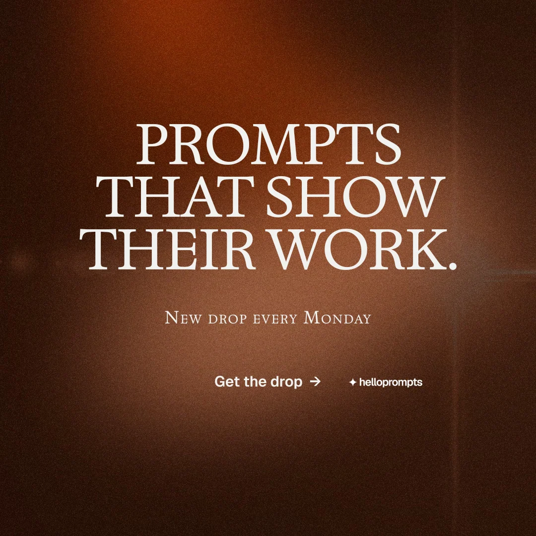 Instagram post for HelloPrompts: "Prompts that show their work." Agentic glass style, smallcaps layout, dark palette in orange, black, brown.