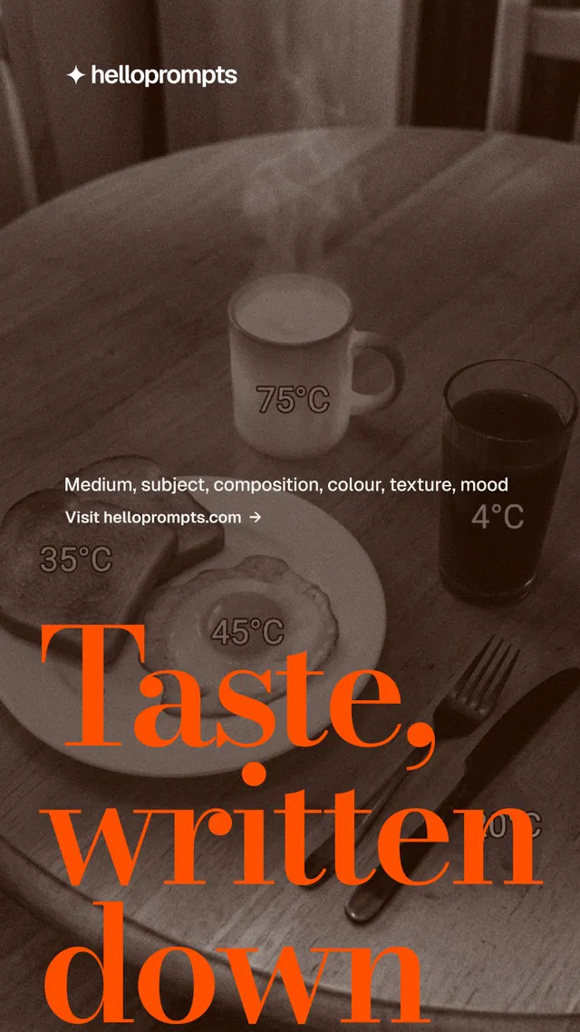 Instagram story for HelloPrompts: "Taste, written down." Minimal luxury style, oversized layout, dark palette in grey, orange, brown.