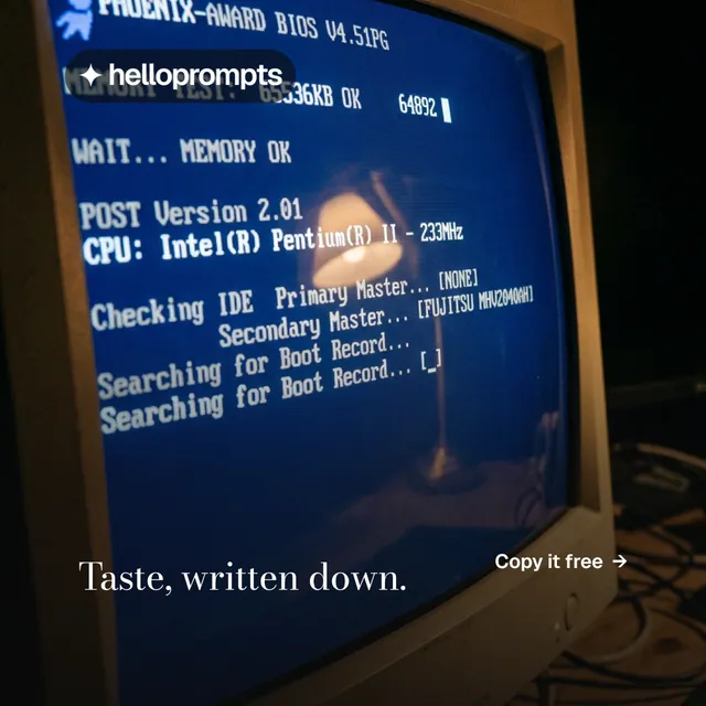 Instagram post for HelloPrompts: "Taste, written down." Minimal luxury style, image led layout, dark palette in blue, black, grey.