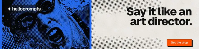 LinkedIn banner for HelloPrompts: "Say it like an art director." Brutalist style, right layout, light palette in white, blue, grey.