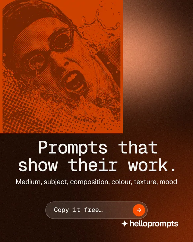 Instagram portrait post for HelloPrompts: "Prompts that show their work." Agentic glass style, skeleton layout, dark palette in black, orange, brown.