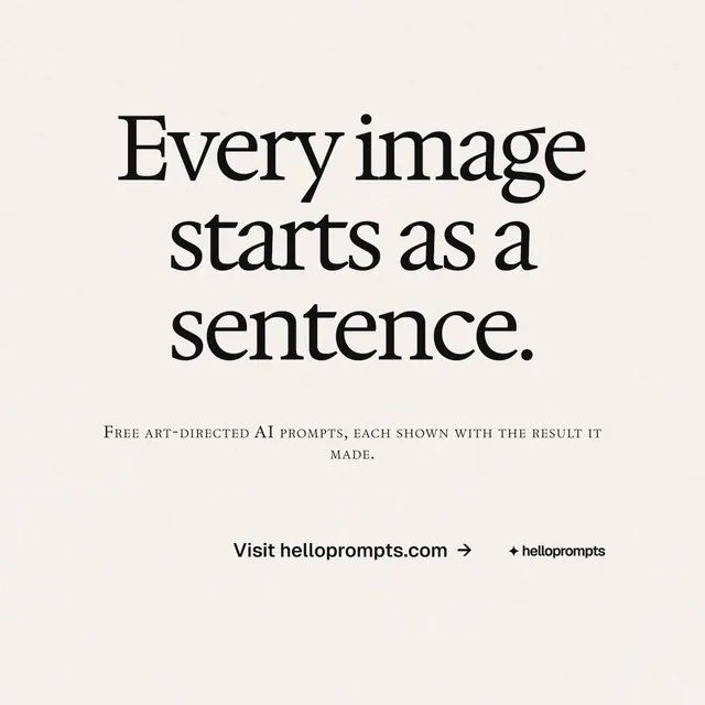 Instagram post for HelloPrompts: "Every image starts as a sentence." Swiss style, smallcaps layout, light palette in white, grey.