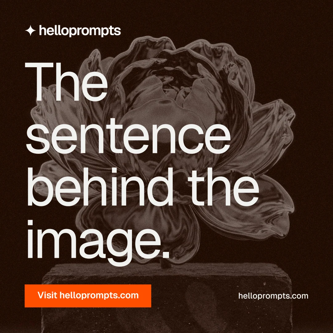 Instagram post for HelloPrompts: "The sentence behind the image." Swiss style, poster layout, dark palette in orange, black, grey.