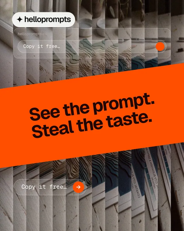 Instagram portrait post for HelloPrompts: "See the prompt. Steal the taste." Agentic glass style, diagonal layout, dark palette in orange, grey.