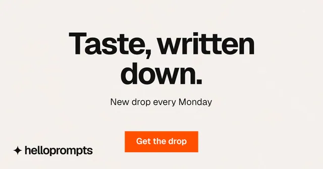 Social ad for HelloPrompts: "Taste, written down." Swiss style, centred layout, light palette in white, orange.