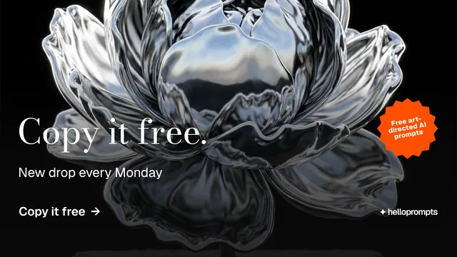 Landscape graphic for HelloPrompts: "Copy it free." Minimal luxury style, sticker layout, dark palette in grey, black.