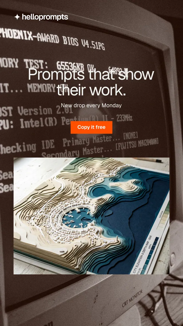 Instagram story for HelloPrompts: "Prompts that show their work." Swiss style, centred layout, dark palette in orange, black, grey.