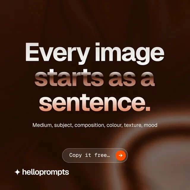 Instagram post for HelloPrompts: "Every image starts as a sentence." Agentic glass style, centred layout, dark palette in black, orange, grey.
