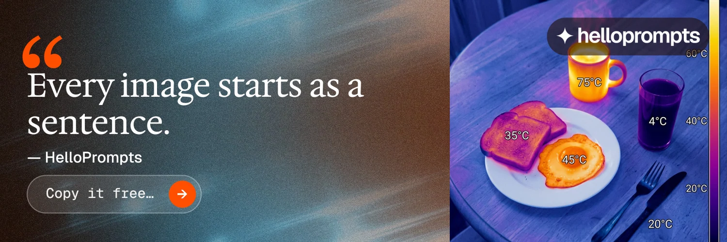 X header for HelloPrompts: "The sentence behind the image." Agentic glass style, quote layout, dark palette in blue, grey.