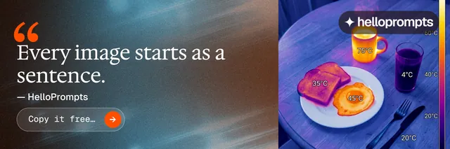 X header for HelloPrompts: "The sentence behind the image." Agentic glass style, quote layout, dark palette in blue, grey.