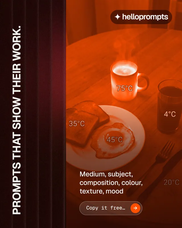 Instagram portrait post for HelloPrompts: "Prompts that show their work." Agentic glass style, vertical layout, dark palette in black, red, orange.
