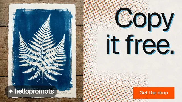 Landscape graphic for HelloPrompts: "Copy it free." Swiss style, right layout, light palette in grey, orange, white.