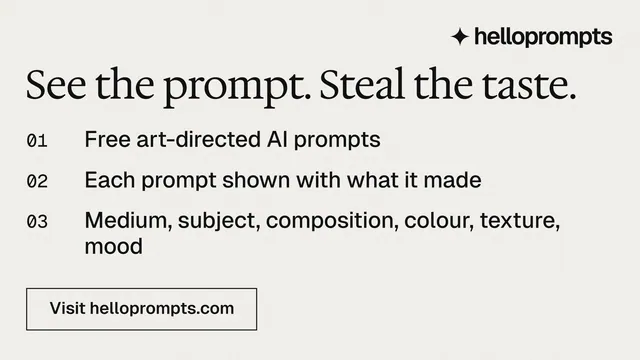 Landscape graphic for HelloPrompts: "See the prompt. Steal the taste." Editorial style, numbered layout, light palette in white, grey.