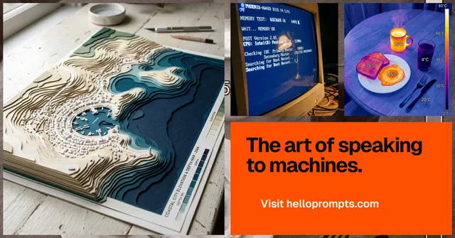 Social ad for HelloPrompts: "The art of speaking to machines." Swiss style, collage layout, light palette in blue, orange, grey.