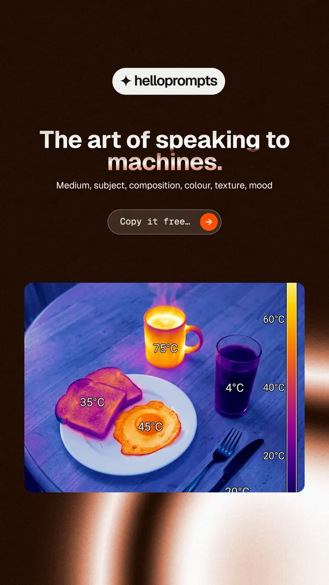 Instagram story for HelloPrompts: "The art of speaking to machines." Agentic glass style, centred layout, dark palette in black, blue, grey.