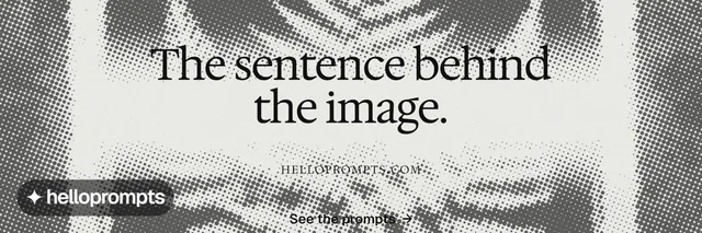 X header for HelloPrompts: "The sentence behind the image." Swiss style, smallcaps layout, light palette in grey, white.