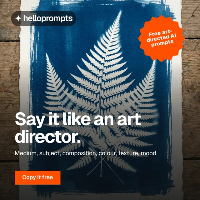 Instagram post for HelloPrompts: "Say it like an art director." Swiss style, sticker layout, dark palette in blue, black, grey.