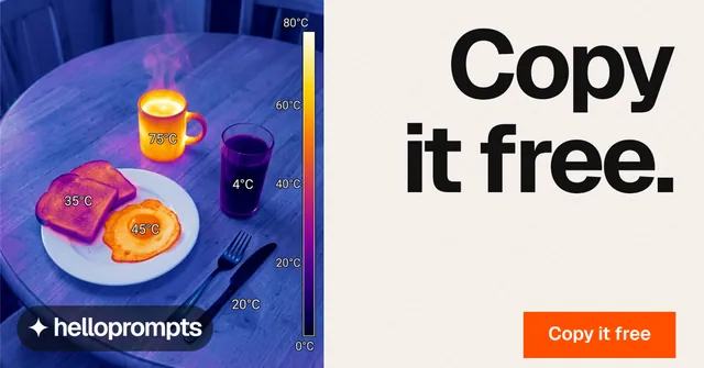 Social ad for HelloPrompts: "Copy it free." Swiss style, right layout, light palette in white, blue.