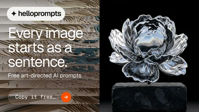 Landscape graphic for HelloPrompts: "Every image starts as a sentence." Agentic glass style, bottom layout, dark palette in black, grey.