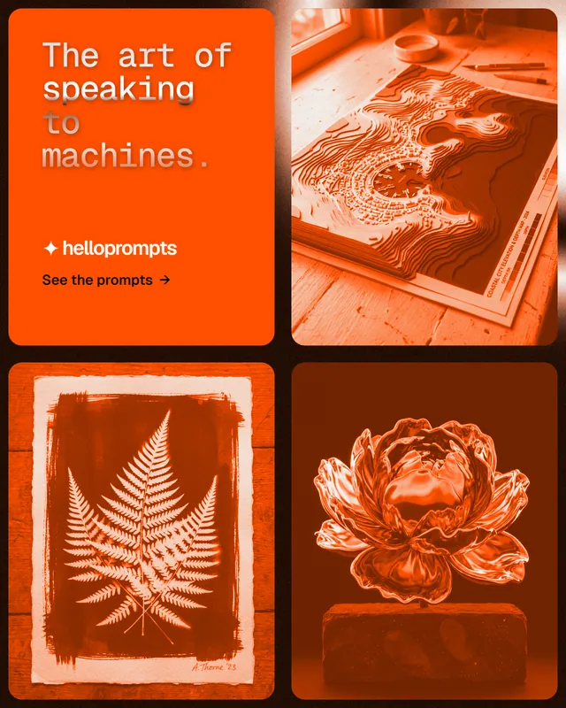 Instagram portrait post for HelloPrompts: "The art of speaking to machines." Agentic glass style, collage layout, dark palette in orange.
