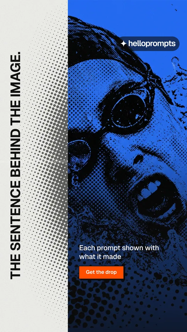 Instagram story for HelloPrompts: "The sentence behind the image." Brutalist style, vertical layout, dark palette in white, blue, black.