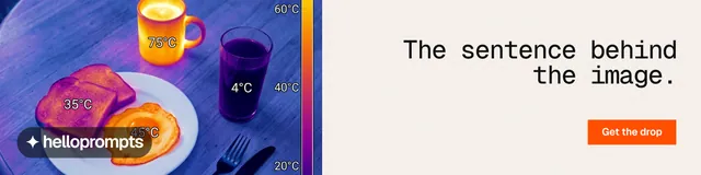 LinkedIn banner for HelloPrompts: "The sentence behind the image." Swiss style, right layout, light palette in white, purple, grey.