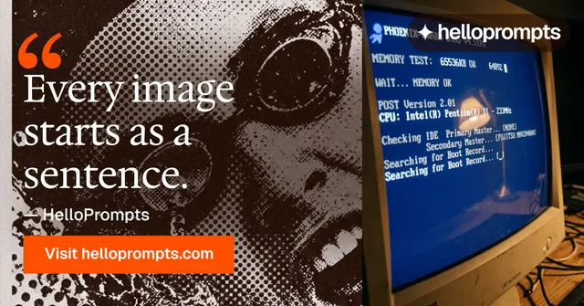 Social ad for HelloPrompts: "See the prompt. Steal the taste." Swiss style, quote layout, dark palette in orange, black, grey.