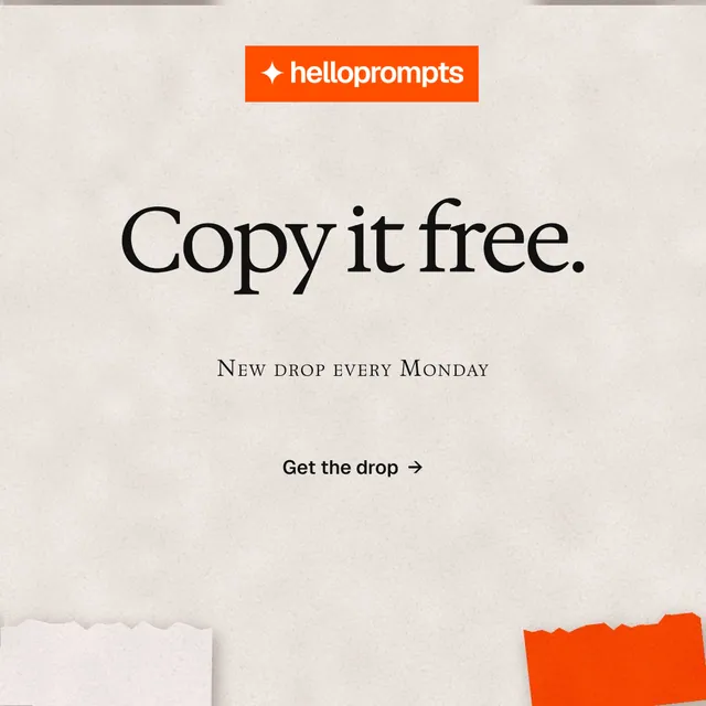 Instagram post for HelloPrompts: "Copy it free." Swiss style, smallcaps layout, light palette in orange.