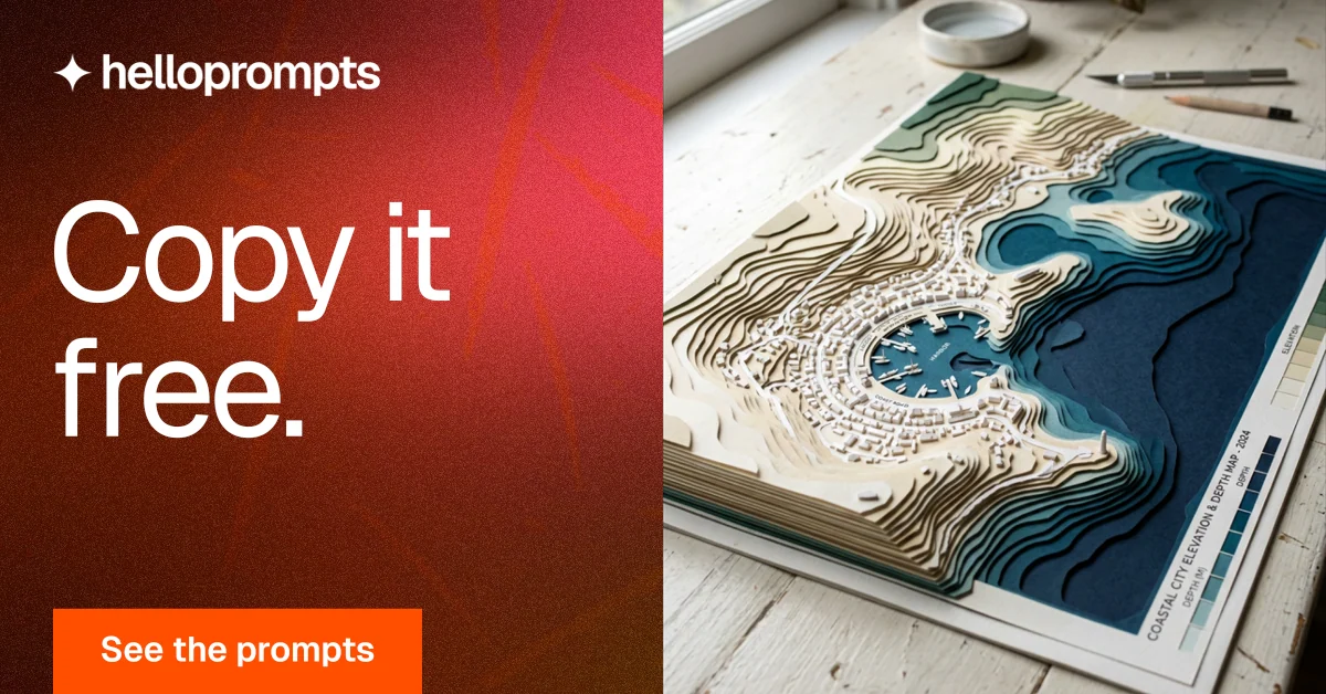 Social ad for HelloPrompts: "Copy it free." Swiss style, bottom layout, dark palette in red, grey, orange.