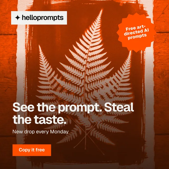 Instagram post for HelloPrompts: "See the prompt. Steal the taste." Swiss style, sticker layout, dark palette in orange, brown.