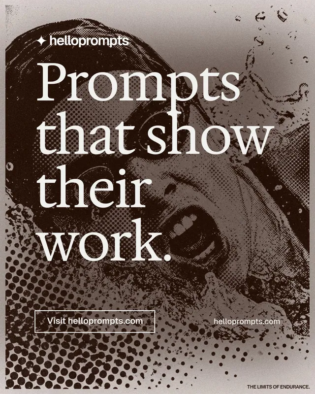 Instagram portrait post for HelloPrompts: "Prompts that show their work." Editorial style, poster layout, dark palette in grey, orange.