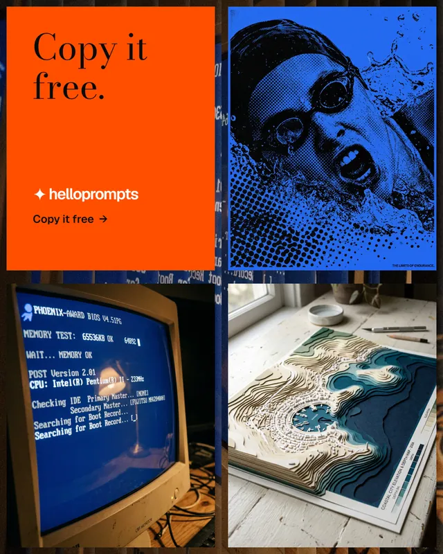 Instagram portrait post for HelloPrompts: "Copy it free." Minimal luxury style, collage layout, dark palette in blue, grey, red.