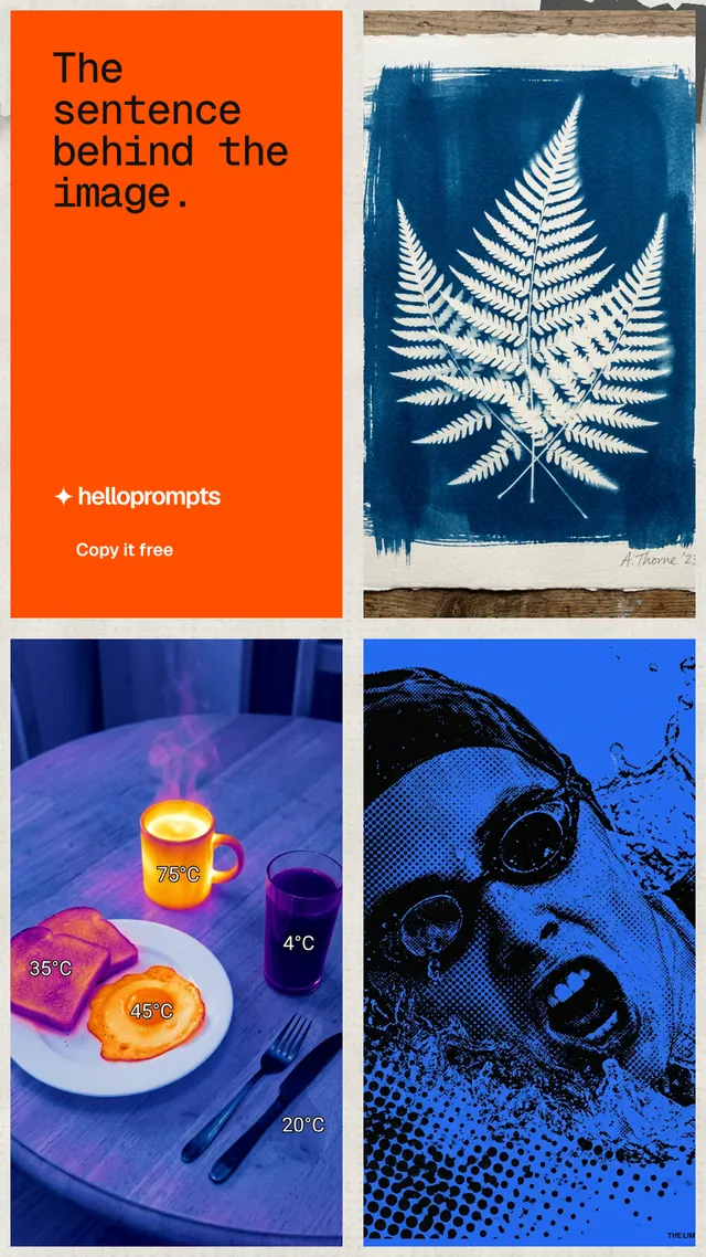 Instagram story for HelloPrompts: "The sentence behind the image." Swiss style, collage layout, dark palette in blue, grey, red.