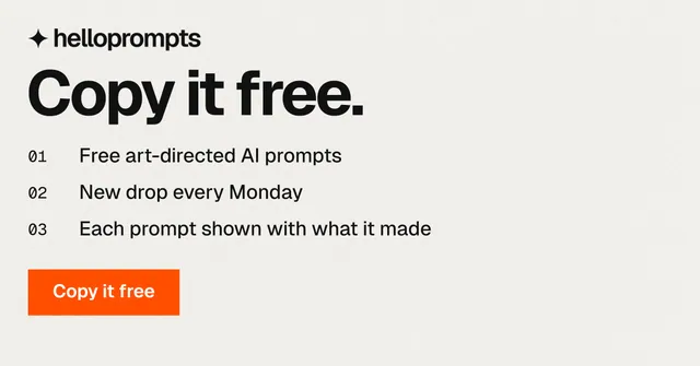 Social ad for HelloPrompts: "Copy it free." Swiss style, numbered layout, light palette in white, orange.