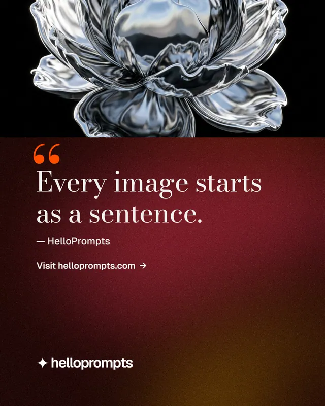 Instagram portrait post for HelloPrompts: "Every image starts as a sentence." Minimal luxury style, quote layout, dark palette in red, black, grey.