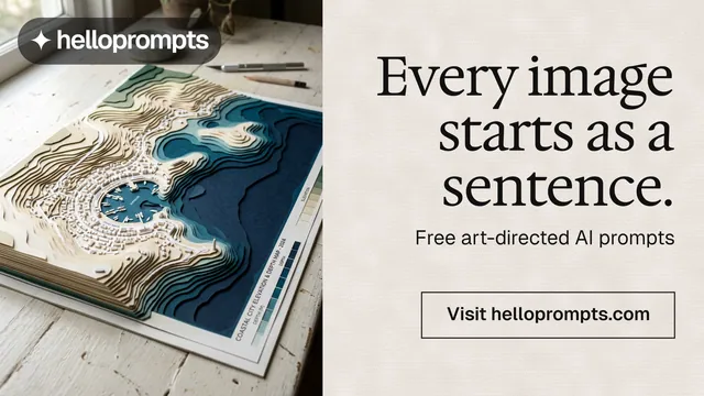 Landscape graphic for HelloPrompts: "Every image starts as a sentence." Editorial style, right layout, light palette in orange, grey, white.