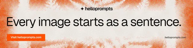 LinkedIn banner for HelloPrompts: "Every image starts as a sentence." Swiss style, poster layout, light palette in orange.