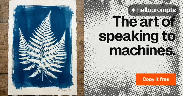 Social ad for HelloPrompts: "The art of speaking to machines." Split block style, right layout, light palette in grey, blue, white.