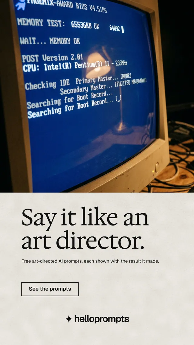 Instagram story for HelloPrompts: "Say it like an art director." Editorial style, bottom layout, light palette in white, blue, grey.